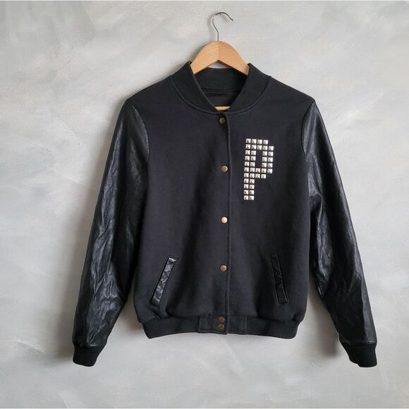 Victoria's Secret PINK Black Varsity Jacet Silver Stud Faux Leather Sleeve Sz S - Picture 3 of 13